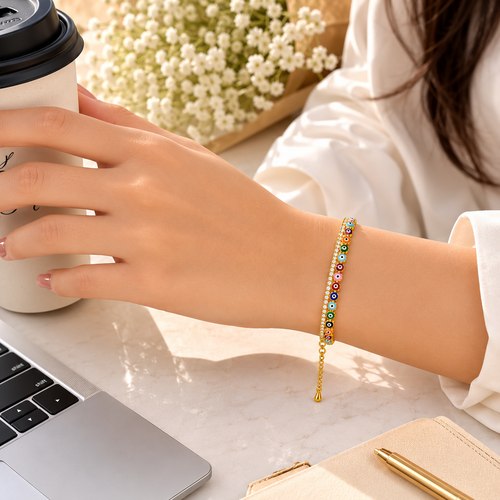 Vani Lustre Evil Eye Bracelet | Gold-Tone Adjustable Stainless Steel Bracelet for Women