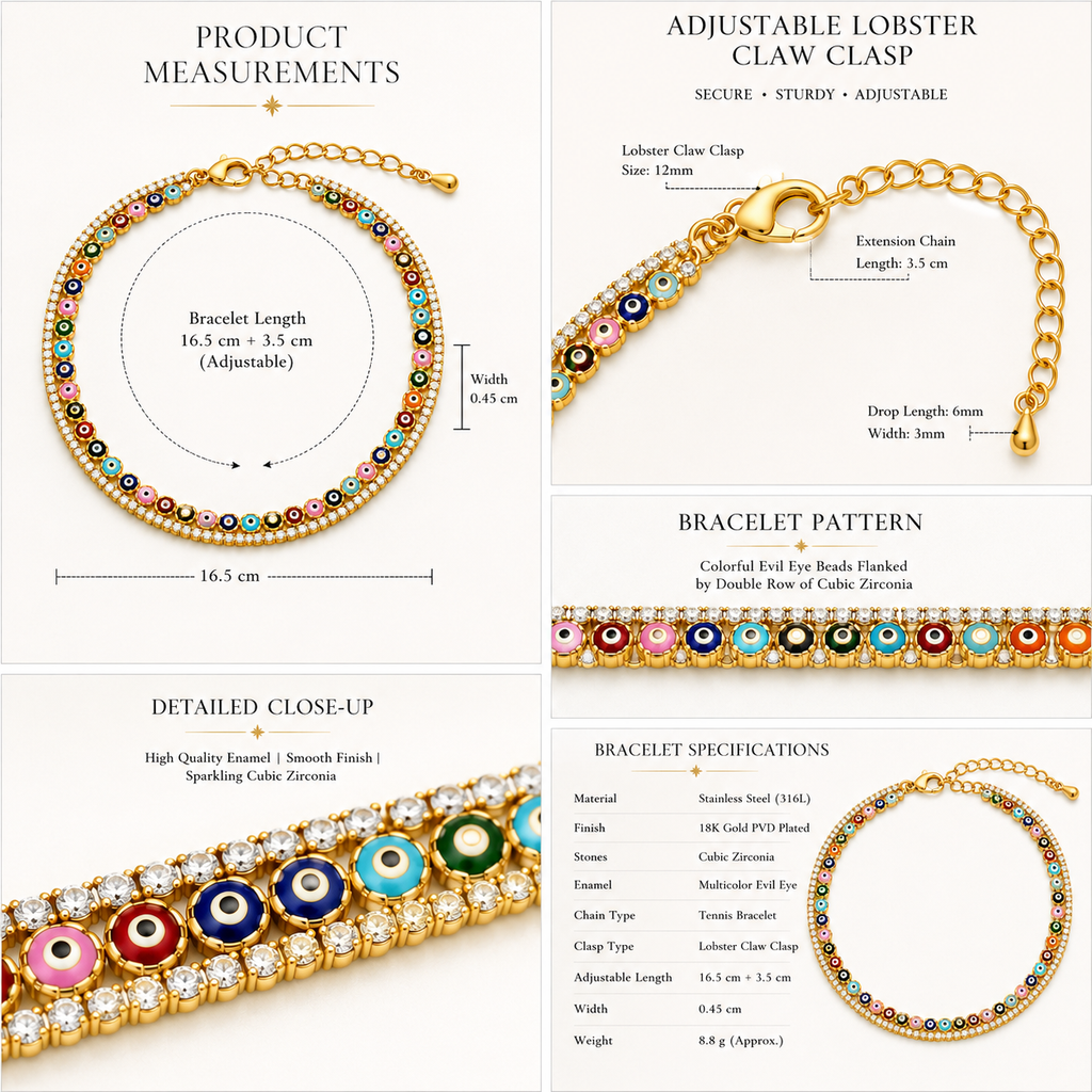 Vani Lustre Evil Eye Bracelet | Gold-Tone Adjustable Stainless Steel Bracelet for Women