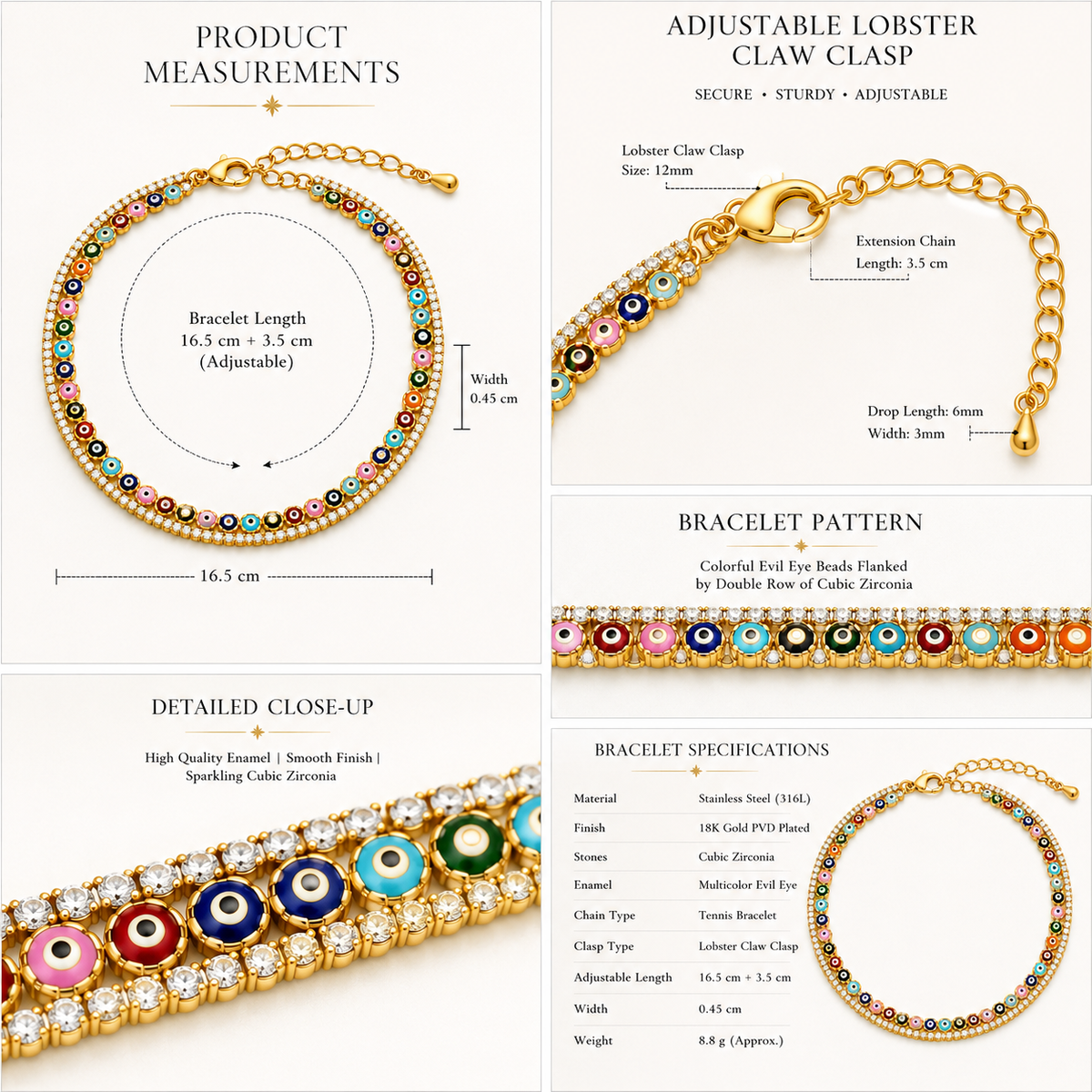 Vani Lustre Evil Eye Bracelet | Gold-Tone Adjustable Stainless Steel Bracelet for Women