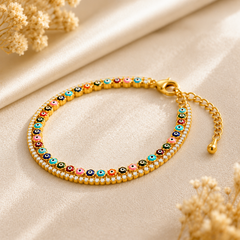 Vani Lustre Evil Eye Bracelet | Gold-Tone Adjustable Stainless Steel Bracelet for Women