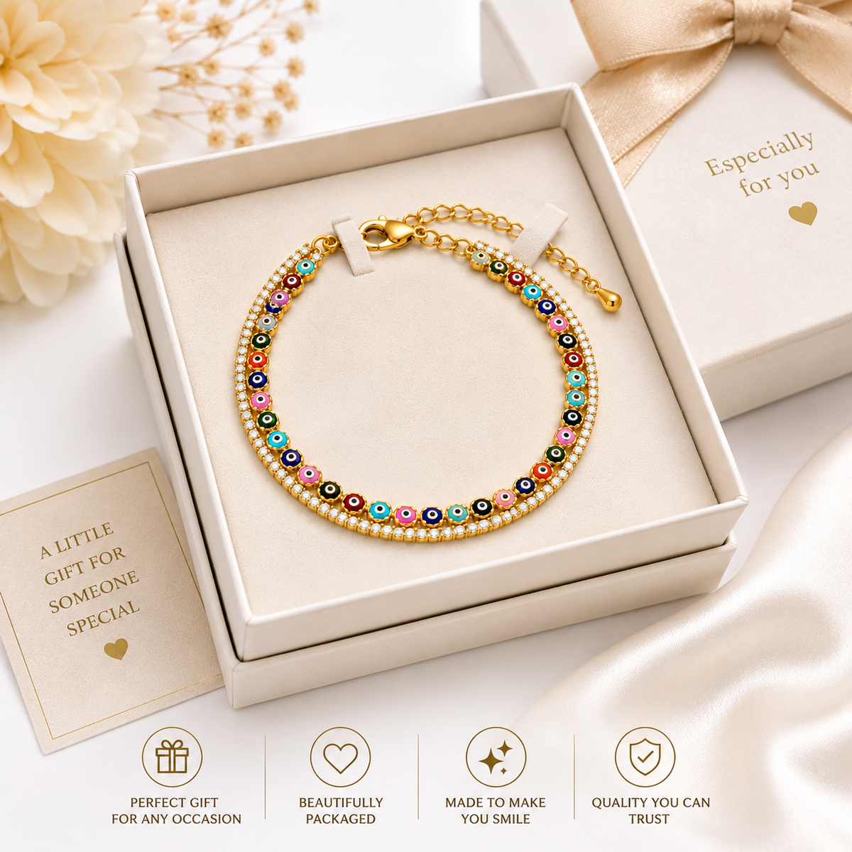 Vani Lustre Evil Eye Bracelet | Gold-Tone Adjustable Stainless Steel Bracelet for Women