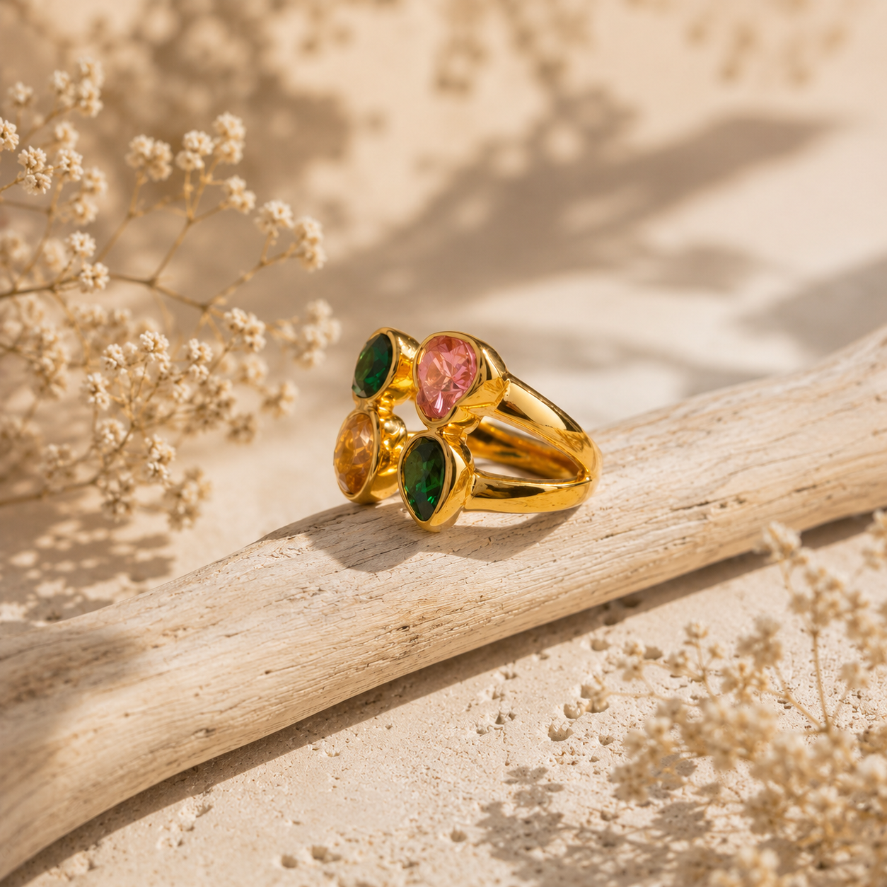Vani Lustre Adjustable Heart Stone Ring | Gold-Tone Stainless Steel Ring for Women