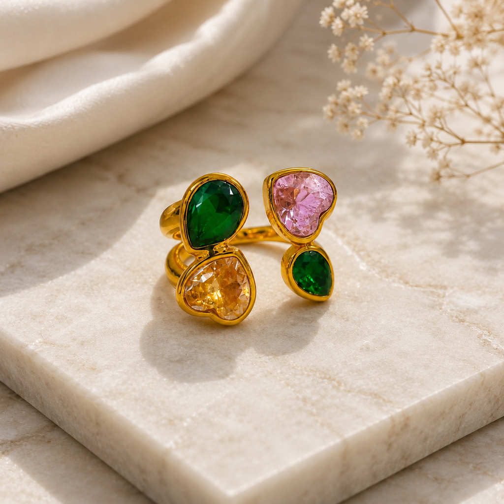 Vani Lustre Adjustable Heart Stone Ring | Gold-Tone Stainless Steel Ring for Women