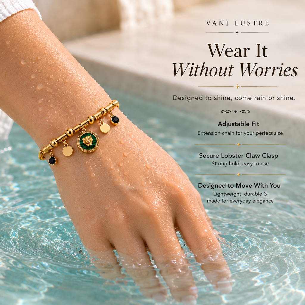 Vani Lustre Gold-Tone Lion Charm Bracelet | Stainless Steel Adjustable Bracelet for Women