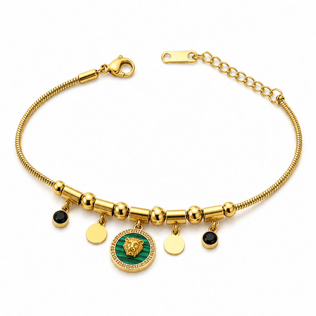 Vani Lustre Gold-Tone Lion Charm Bracelet | Stainless Steel Adjustable Bracelet for Women