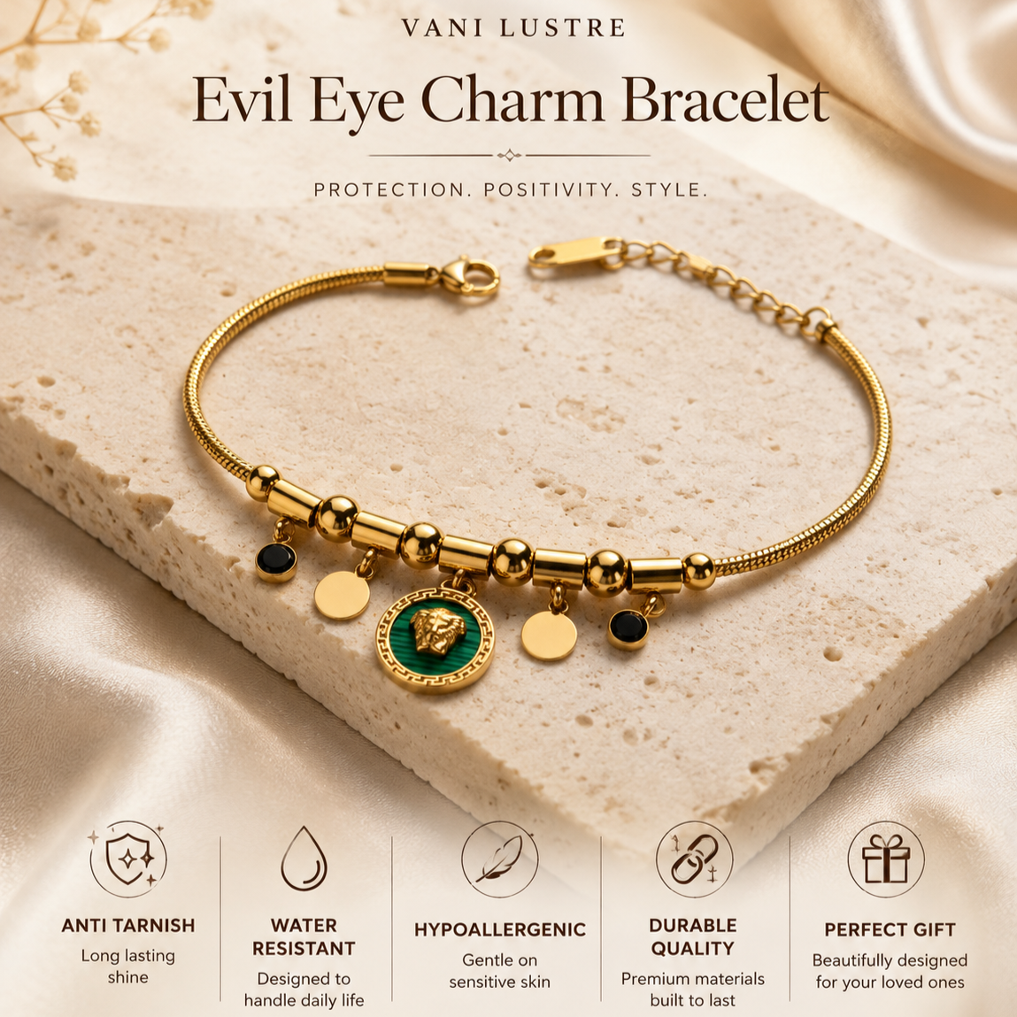 Vani Lustre Gold-Tone Lion Charm Bracelet | Stainless Steel Adjustable Bracelet for Women