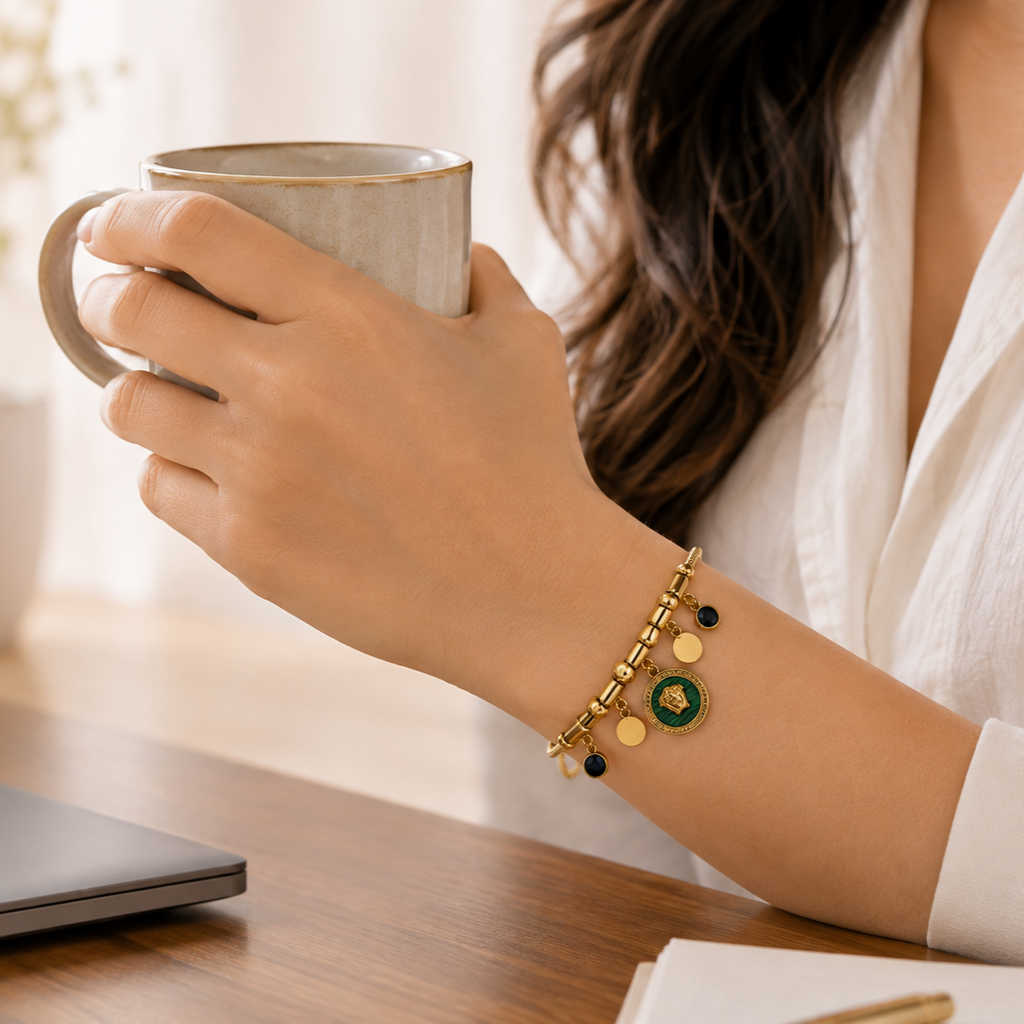 Vani Lustre Gold-Tone Lion Charm Bracelet | Stainless Steel Adjustable Bracelet for Women