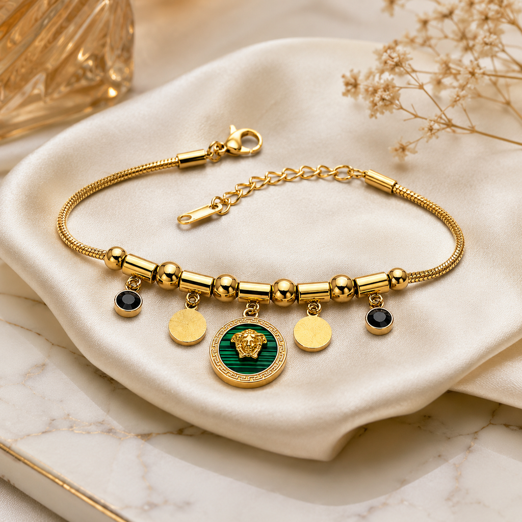 Vani Lustre Gold-Tone Lion Charm Bracelet | Stainless Steel Adjustable Bracelet for Women