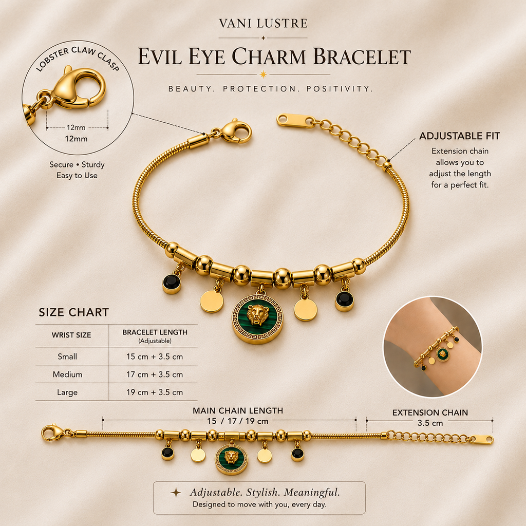 Vani Lustre Gold-Tone Lion Charm Bracelet | Stainless Steel Adjustable Bracelet for Women