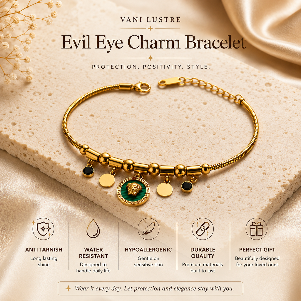 Vani Lustre Gold-Tone Lion Charm Bracelet | Stainless Steel Adjustable Bracelet for Women